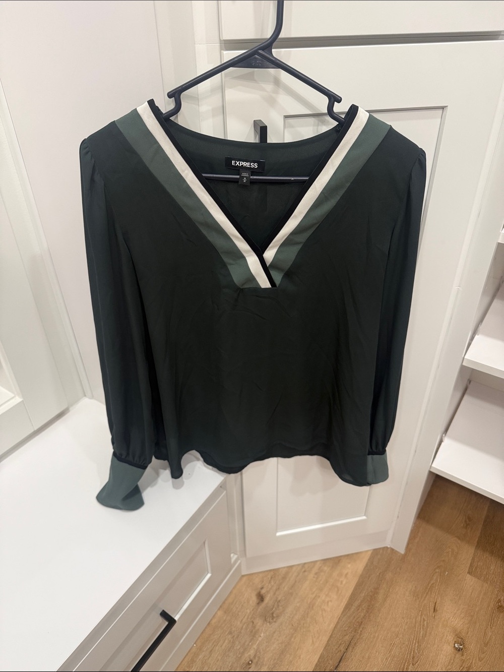Express Dark Green V-Neck Blouse with White and Sage Trim